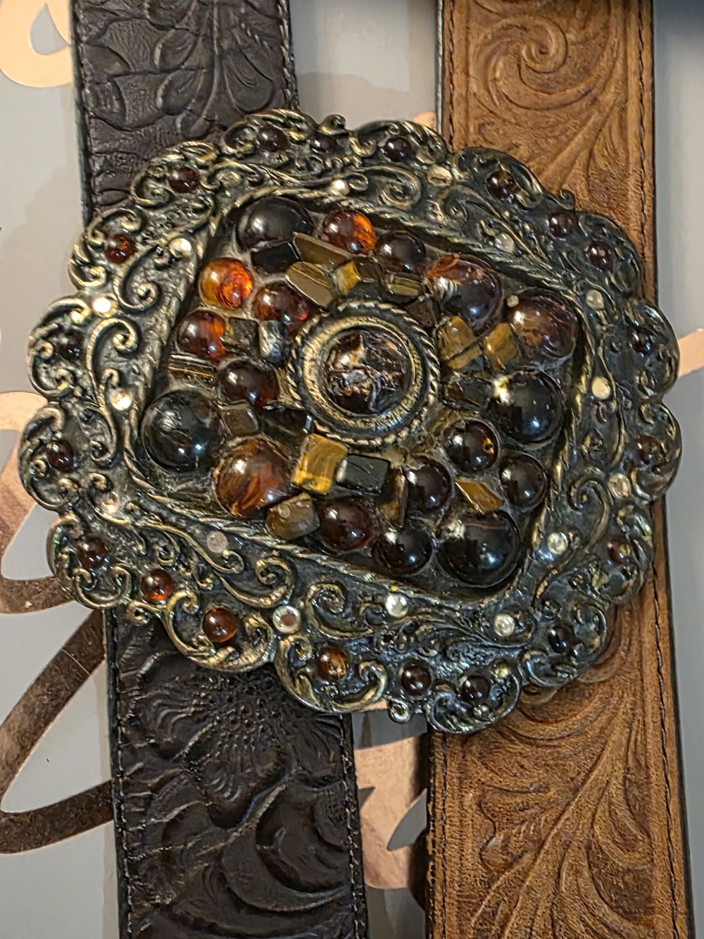 Y2K Vintage Embossed Dark Brown Leather Belt with Amber and Garnet Accents - Picture 4 of 10